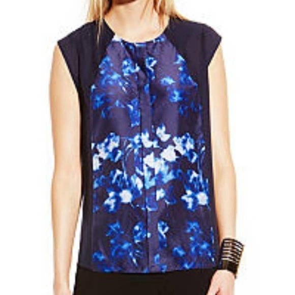 Vince Camuto Navy Blue Center Smock Floral Blouse M Medium - Picture 1 of 10